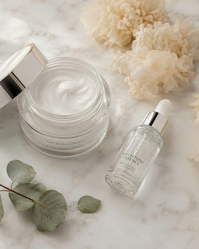 Face cream and serum styled with eucalyptus